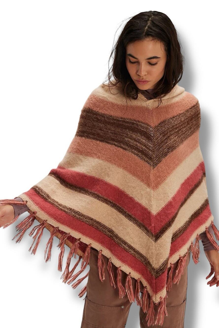 Free People Striped Turtleneck Poncho OS Fringe Hooded Boho Cozy Fall Layers